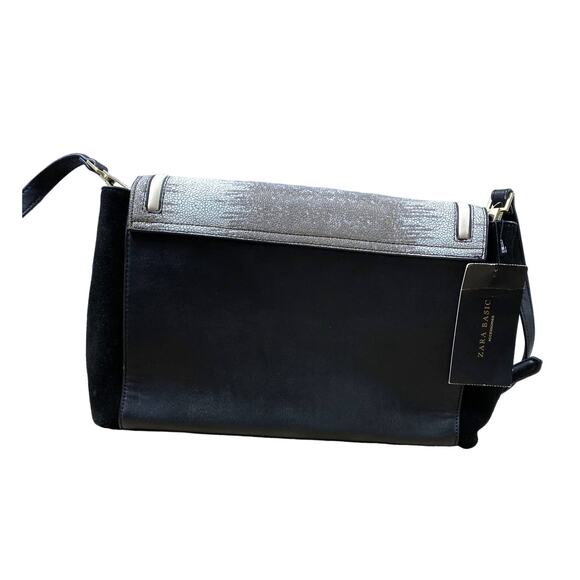 Zara Basics Black Shoulder Bag with Fold Over Flap Gray and Taupe NEW - Picture 3 of 8